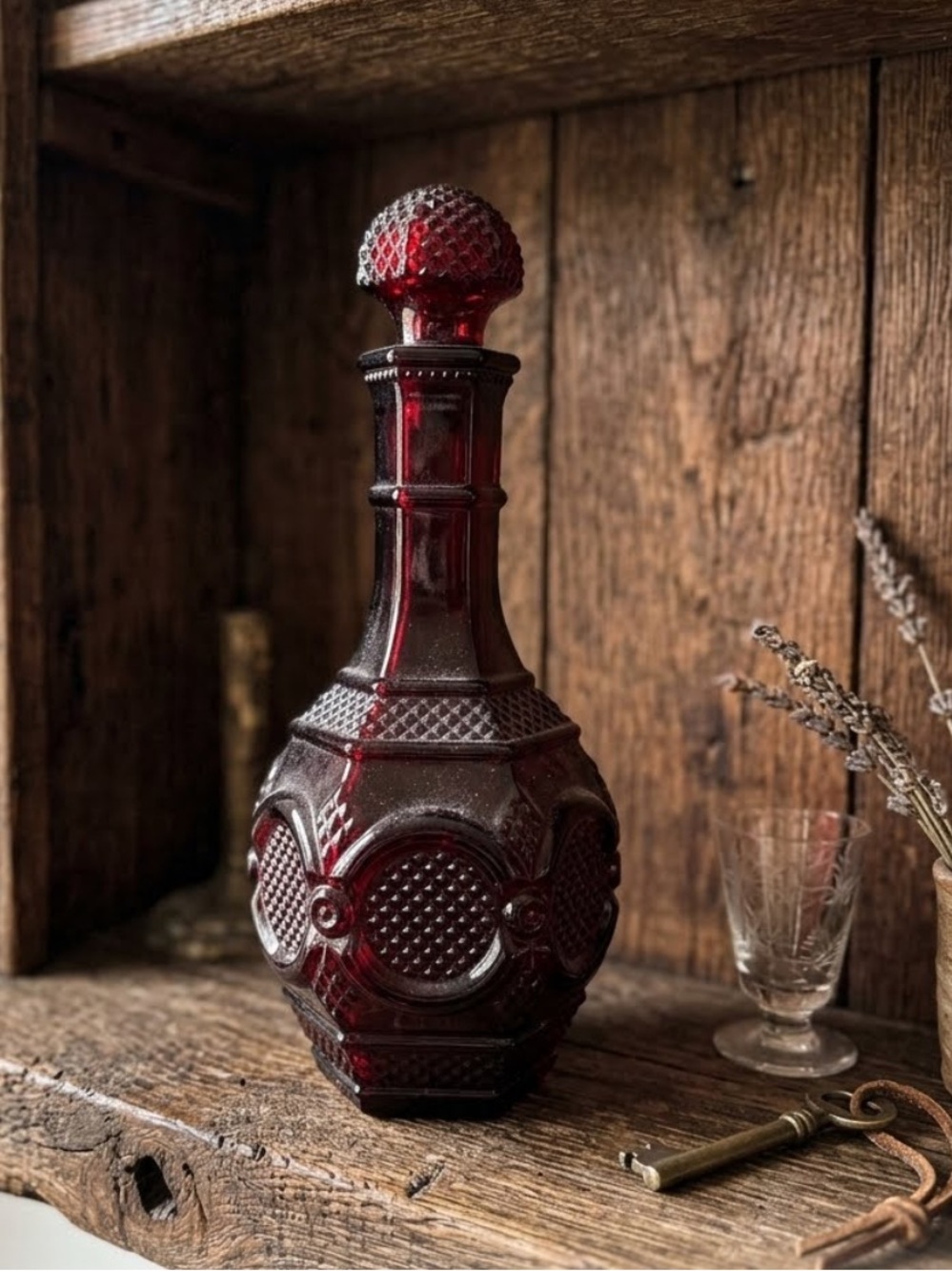 Vintage AVON CAPE COD Ruby Red Glass Decanter with Stopper